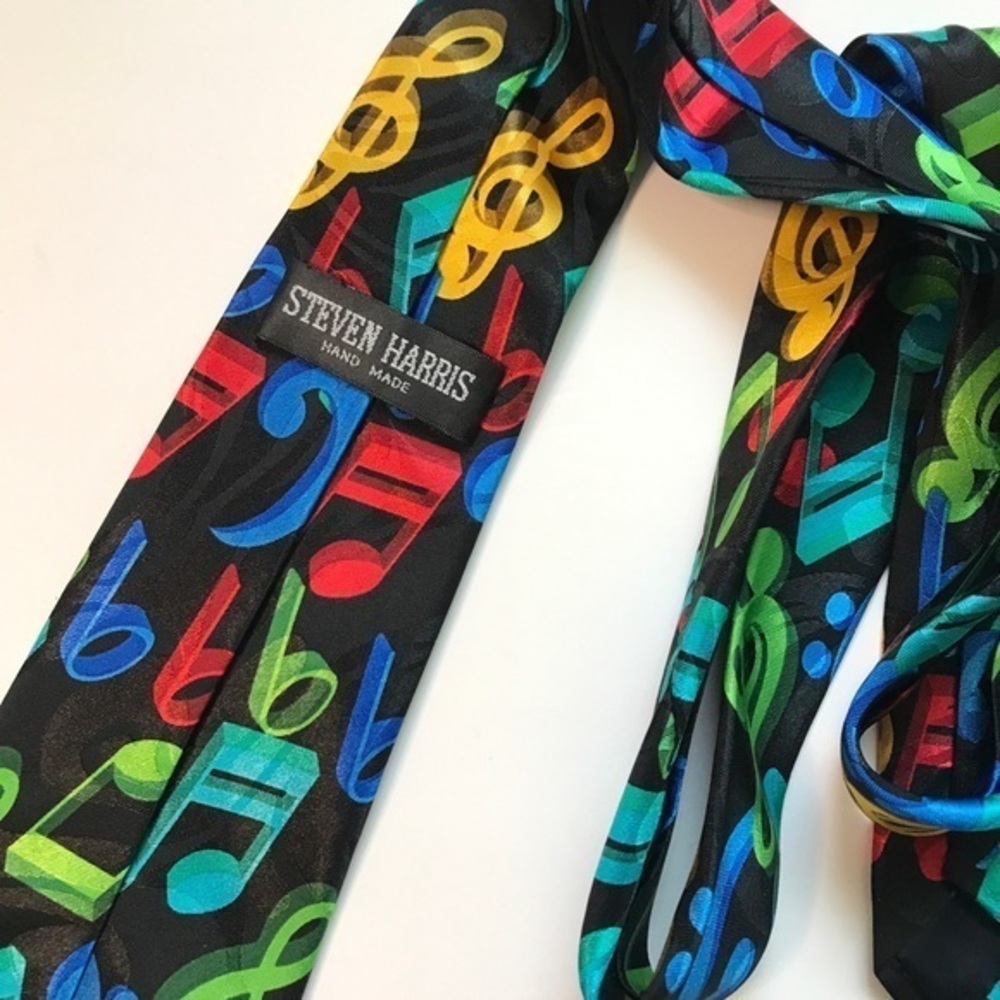 Music Notes Necktie Black Multicolor Standard Width Steven Harris Handmade - Picture 5 of 5